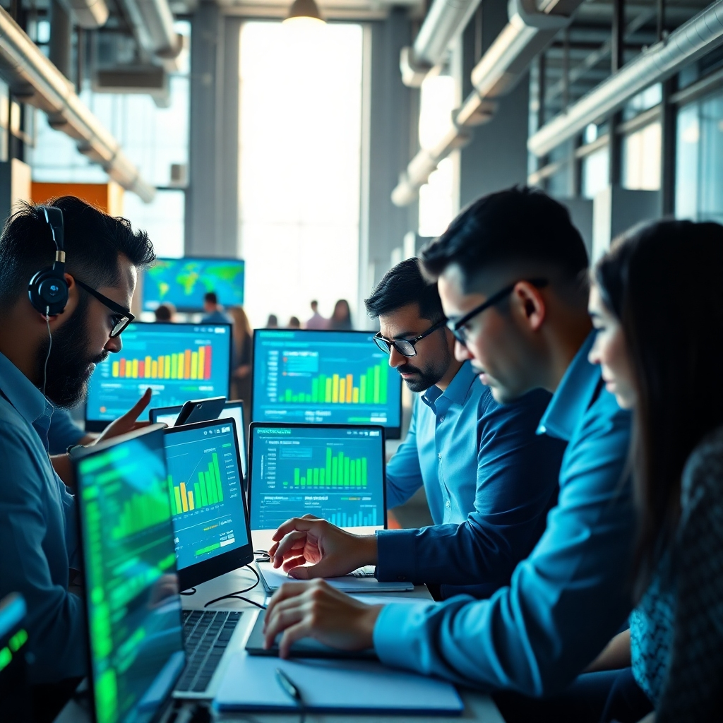 A photorealistic image representing WorkForce AI showcasing an intricate, busy office environment with advanced AI technology seamlessly integrated. The composition highlights diverse professionals collaborating around digital screens displaying workflow automation metrics in vibrant colors. Soft natural lighting peaks through large windows, casting an inspiring glow across the scene. The color palette combines tech-inspired blues and lively greens representing innovation. The camera angle should demonstrate depth with a focus on both human interaction and AI technology. Ensure hyperrealistic details emphasize texture in surfaces and reflections on screens. Technical specs: 8K resolution.