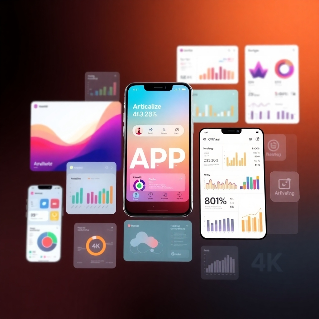A photorealistic image representing the journey of Articalize APP from concept to execution. The composition features a digital montage of various screens displaying the app interface, analytics, and user engagement metrics. Soft focus on the app interface highlights its usability, with a warm color palette creating an inspiring mood. Textures vary from smooth digital surfaces to engaging infographics, illustrating the harmony of technology and creativity. This visual captures the essence of innovation and commitment to traffic success, rendered in high quality at 4K resolution.
