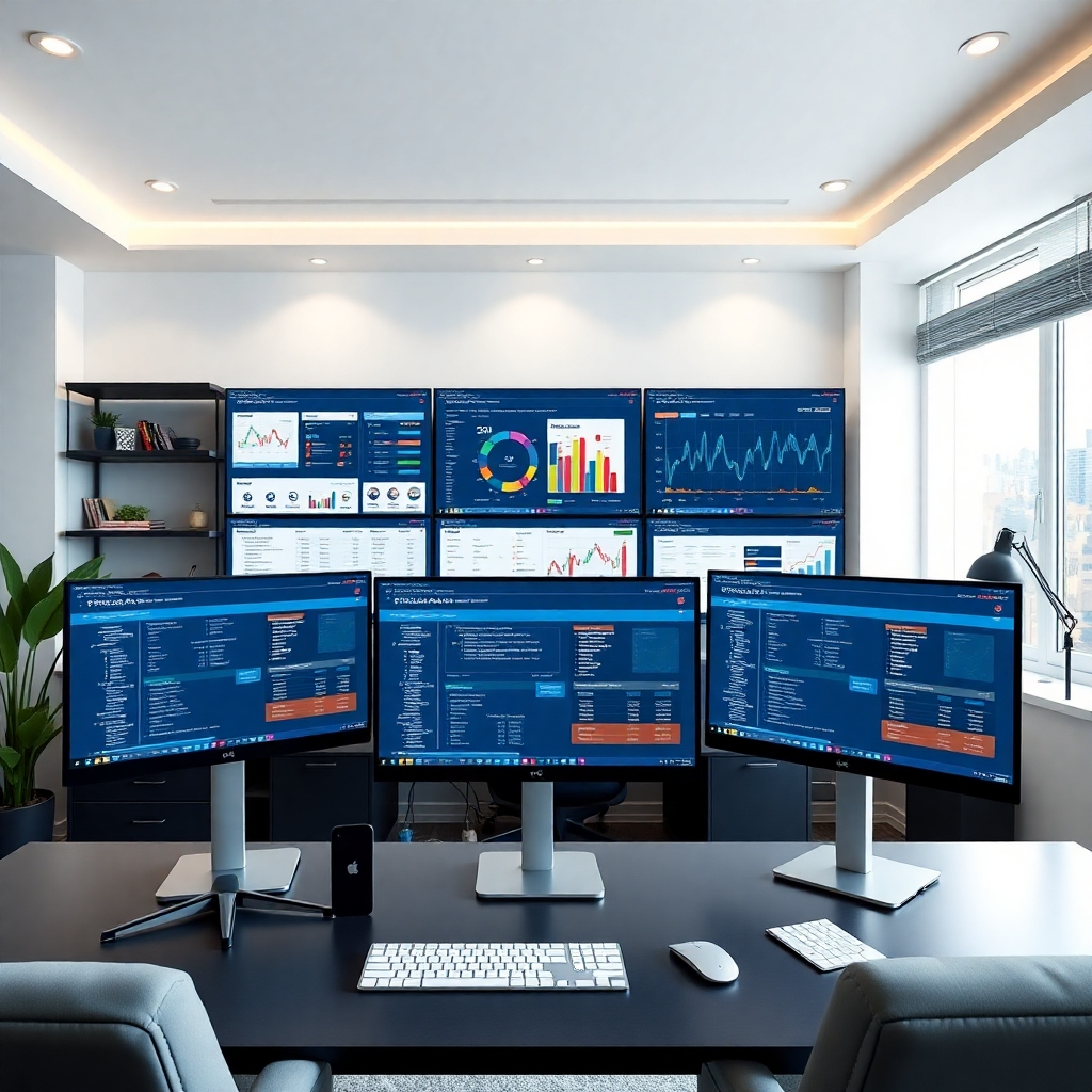 A photorealistic image representing an advanced software interface for affiliate marketing automation. The background is a sleek home office, with screens showing complex marketing data. Soft lighting adds a professional touch, while the color scheme of dark blue and gray emphasizes technology. Technical specs: modern and polished.