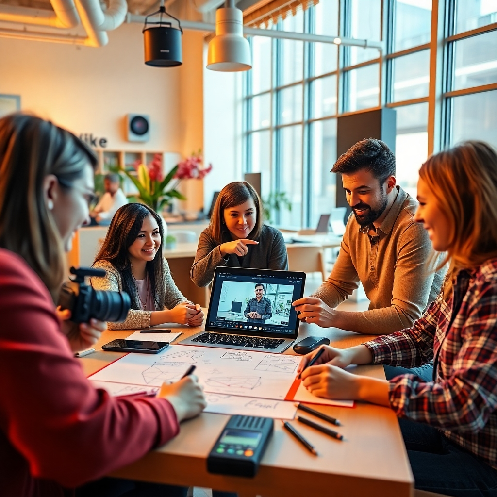 A photorealistic image representing the essence of the Vidko APP mission with a dynamic display of people actively engaging in video production. The scene features a bright, collaborative environment filled with technology and creative resources. Soft, natural lighting envelops the space, with a color palette that combines warm and inviting tones. The camera angle captures a team brainstorming session, with sketches and laptops showcasing the Vidko interface. Textures are rich and inviting, symbolizing creativity and collaboration. The style references include modern startup workspaces, complemented by high-quality props like cameras and editing equipment. The image should be rendered in 4K resolution.