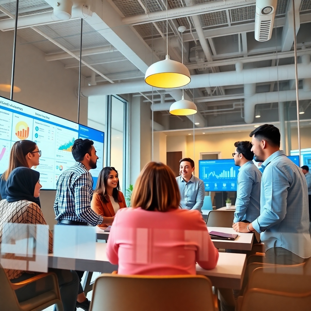 A photorealistic image representing the essence of AutoBuzz AI's mission. The scene depicts a diverse group of marketers collaborating in a bright, open workspace, surrounded by digital screens showcasing social media analytics. The lighting is bright and inviting, with a color palette that includes warm tones. The camera captures a wide-angle view of the team engaged in discussions. Textures of glass and clean lines emphasize a modern tech atmosphere. Style reference: contemporary workspaces. Technical specs: 4K resolution, high quality.