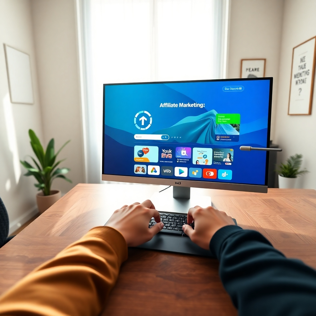 A photorealistic image showcasing a modern home office setup. The focal point is a sleek computer displaying the TVBossFire TeeVee app interface, featuring vibrant affiliate marketing graphics. Soft diffused lighting streams in through a large window, creating a warm and inviting atmosphere. The color palette includes soothing blues and greens, symbolizing tranquility and opportunity. The camera angle is slightly elevated, focusing on the screen with the user’s hands poised over the keyboard, indicating action and enthusiasm. The desk is made of polished walnut wood, offering a rich texture. In the background, subtle decoration elements like plants and motivational posters inspire creativity. The style references a combination of contemporary and minimalistic design aesthetics, aiming for hyperrealistic clarity, detailed textures, and an ultra-detailed finish, rendered in 8K resolution.