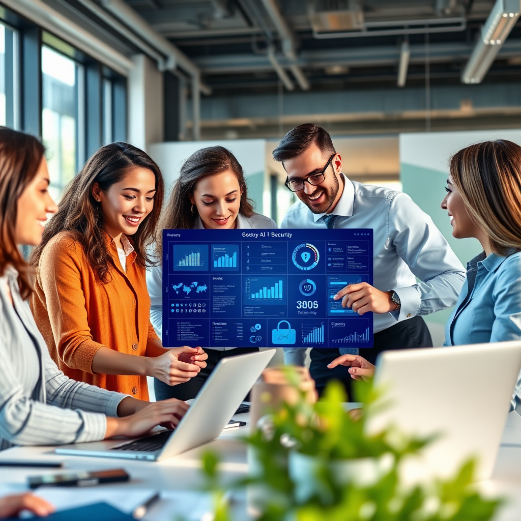 A photorealistic image showcasing a team of diverse professionals collaborating over a digital interface filled with security data visualizations. The composition is bright and inviting, with natural lighting illuminating a modern office environment. The color palette uses vibrant blues and whites, suggesting trust and efficiency. Relevant props include laptops, tablets, and digital screens. The camera angle captures a close-up of the team in discussion, emphasizing the collaborative spirit of Soteria AI. This image is of high quality at 4K resolution.