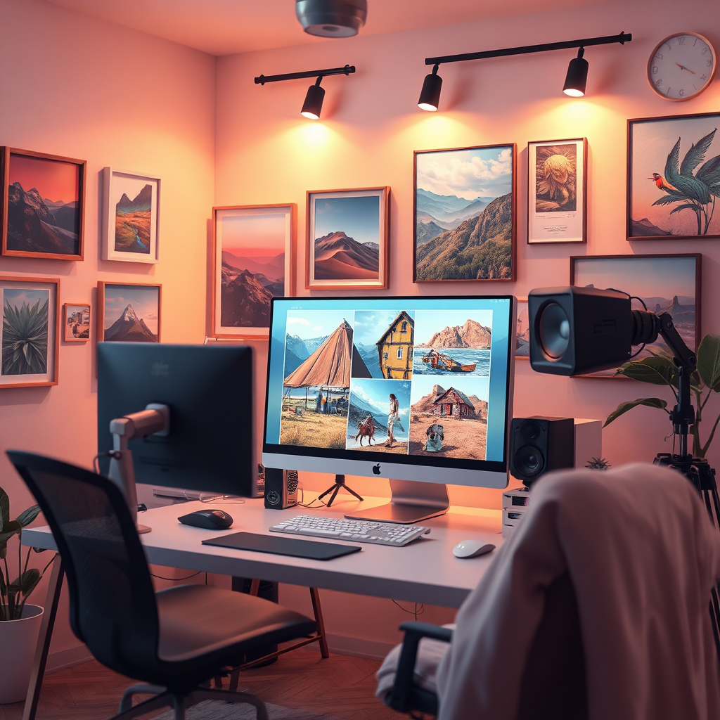 A photorealistic image showcasing a digital artist’s workspace filled with advanced AI image creation tools. The scene is illuminated by soft, warm ambient lighting, highlighting a sleek, modern computer setup displaying vibrant images generated from keywords. The environment is filled with inspiring art pieces hanging on the walls, in a cozy yet high-tech studio atmosphere. The color palette should be a mix of soft pastels and vibrant hues to suggest creativity and innovation. The camera angle should be slightly tilted to capture depth, focusing on both the workspace and the art. The overall texture should be smooth and polished, enhancing the high-quality aspect of the design. This image should be in 8K resolution, hyperrealistic, embodying the theme of transforming keywords into financial success.