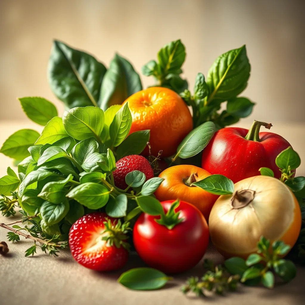 A photorealistic image showcasing six vibrant, fresh plant-based ingredients like green leaves, colorful fruits, and natural herbs. The background should be soft and inviting, emphasizing the natural aspect of the ingredients, with a gentle light illuminating their freshness and health benefits.