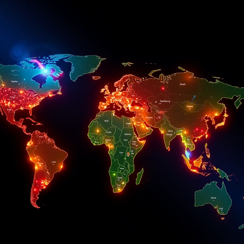 A photorealistic image showcasing a world map illuminated with podcast signals emanating from various continents. The vibrant colors of the map contrast against a dark background, symbolizing the global reach ofAI-driven podcasts. Additional elements like soundwaves traveling across the map emphasize connectivity. The lighting highlights the continents and the signals, representing diversity in podcasting. Style references could draw from infographic aesthetics. Technical specs: 4K resolution, high quality.