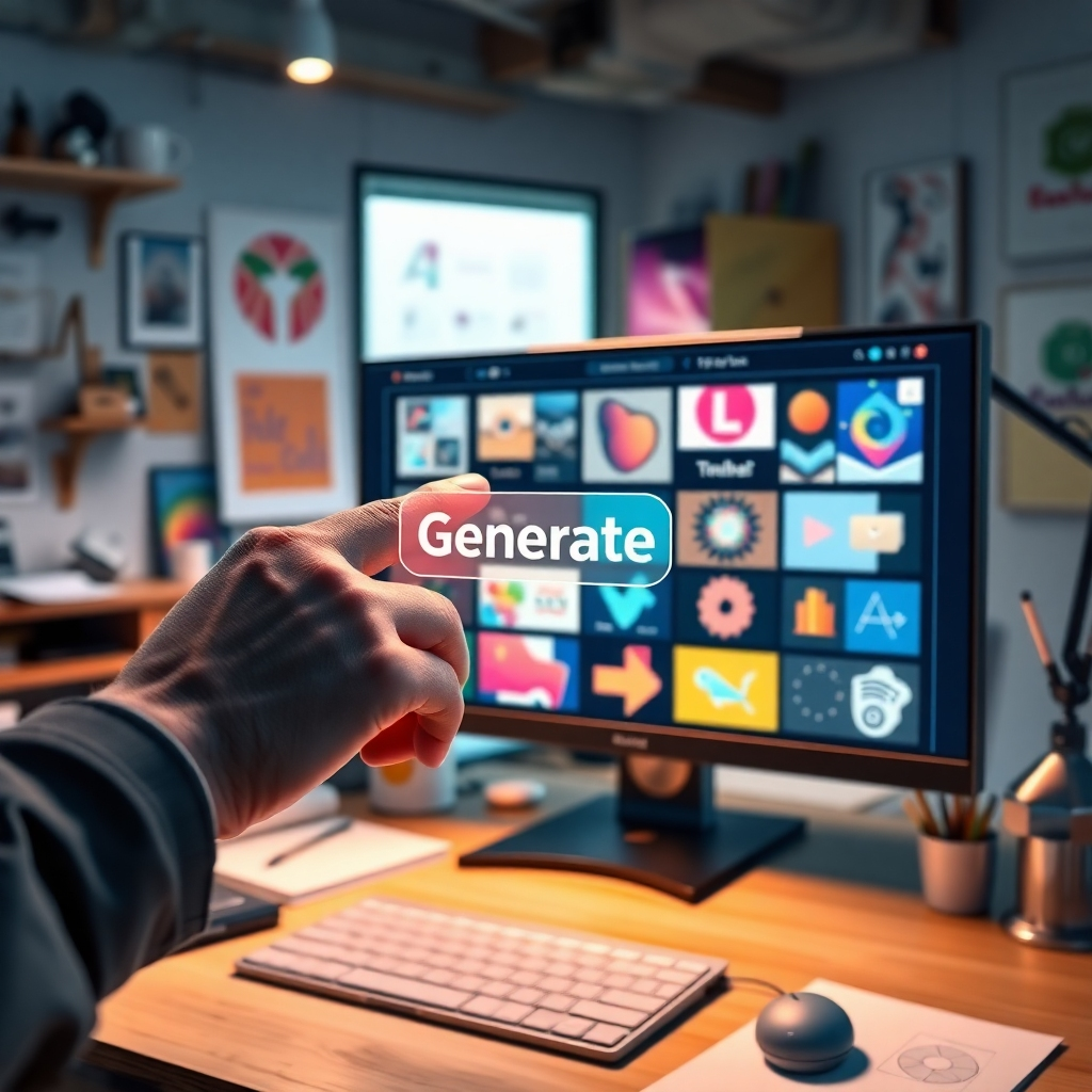 A photorealistic image showing a hand clicking a virtual 'Generate' button on a sleek user interface filled with various AI-generated graphics. The background is a workspace, with creative articles and digital tools illuminating the scene. The lighting is bright, symbolizing inspiration. Colors should be vibrant to evoke creativity. The focus is on high-resolution 4K graphics showing multiple finished designs on the screen, indicating the ease of graphic generation.