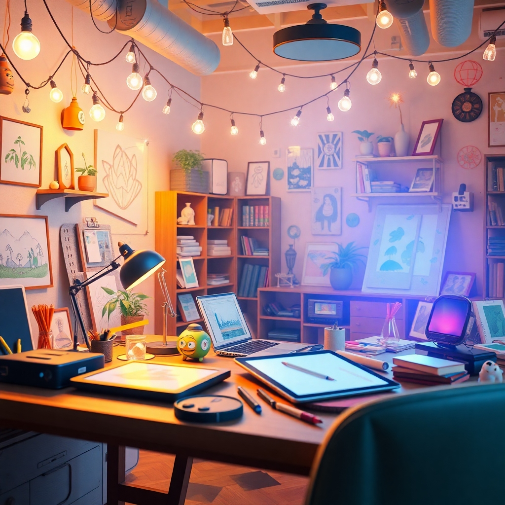 A photorealistic image that captures the essence of 'Viral Ghibli Content Creator-Revolutionary Visual Engine Turns Any Idea into Ghibli Magic'. It features a creative workspace filled with inspiration, showcasing advanced technology intertwined with magical Ghibli elements. The lighting is warm and inviting, with a color palette of pastel shades complementing the artistic atmosphere. The camera angle is focused on the workspace, highlighting tools like digital tablets and sketches alongside Ghibli-themed decorations. Textures are rich and engaging, emphasizing the creativity and magic in the air. The image should be high quality, with 4K resolution, reflecting a blend of technology and artistry.
