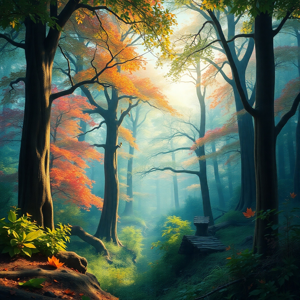 A photorealistic landscape featuring a breathtaking view of an enchanted forest, embodying the spirit of Ghibli. The vibrant colors pop under the gentle sunlight filtering through the trees, creating a dreamlike quality. The angle captures both the beauty of nature and fantastical creatures hidden within. Textures of leaves, bark, and magical elements abound, showcasing high quality and rich detail.