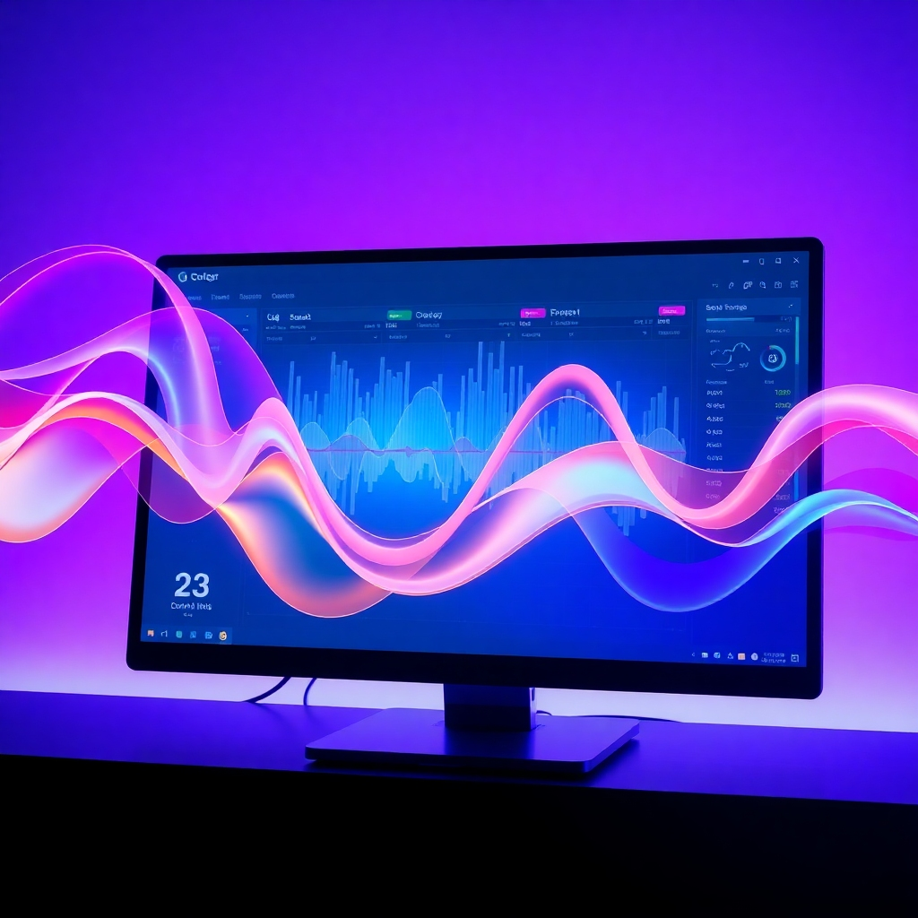 A photorealistic representation of sound waves morphing into vibrant colors, illustrating the transformation process. The visual showcases dynamic waves transitioning into liquid-like forms, emphasizing movement and rhythm. The backdrop is a sleek digital interface, displaying statistics and edits on a computer screen. Soft, futuristic lighting gives the image an innovative feel, with shades of blue and purple creating an engaging ambiance.
