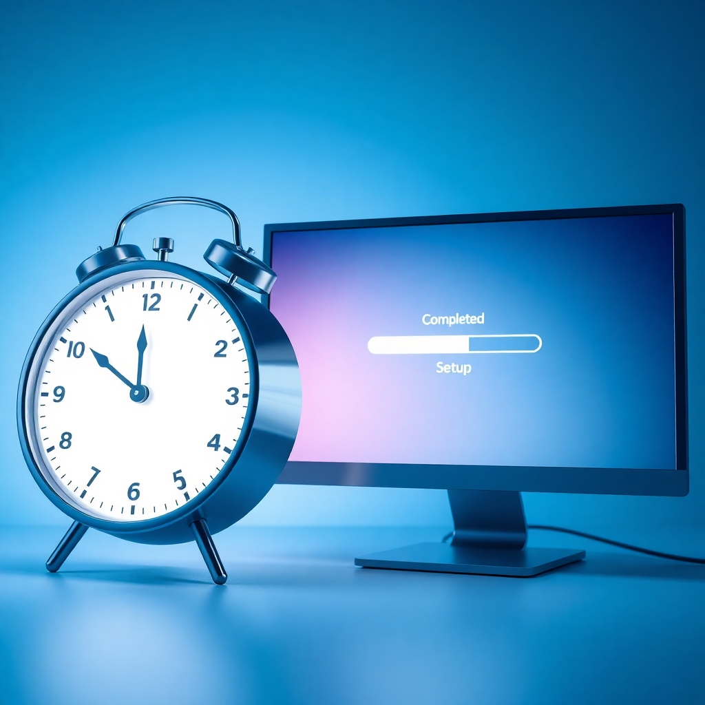A photorealistic representation of a ticking clock next to a computer screen depicting a completed setup process. Soft, glowing light emanates from the screen, highlighting the completed progress bar. Utilize a cool color scheme predominated by blues and whites, symbolizing efficiency and speed. The focus should be on the clock and screen, drawing attention to the quick setup process in a motivating environment.