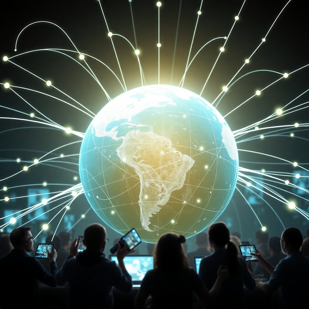 A photorealistic representation of a globe being connected by digital streaming lines, symbolizing global podcast reach. The lighting is bright and optimistic, suggesting growth and connectivity. In the foreground, enthusiastic podcasters share content, surrounded by futuristic technology that highlights AI-driven analytics. The composition aims to reflect the global nature of podcasting and the integration of AI.