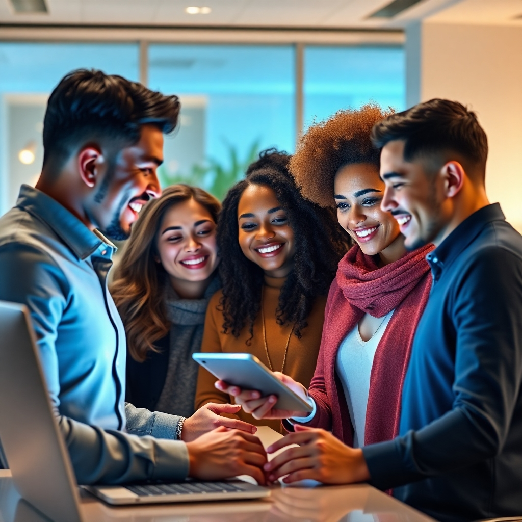 A photorealistic scene depicting a diverse group of people interacting with a lifelike AI chatbot on a digital device, showcasing enthusiasm and satisfaction. The setting is a modern, bright office environment with soft colors, emphasizing technology and human connection.