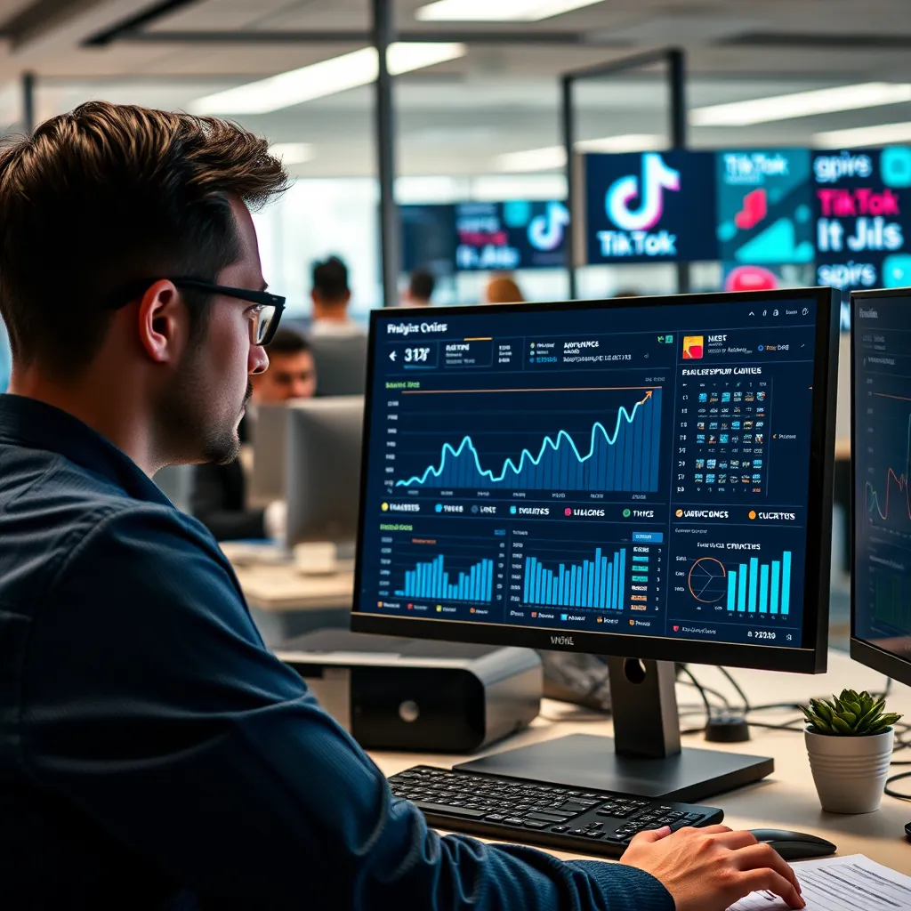 A photorealistic scene of a business professional analyzing a computer screen filled with traffic stats and website analytics. Include elements such as notifications of increased visits and TikTok ads in the background, showcasing a busy office environment.
