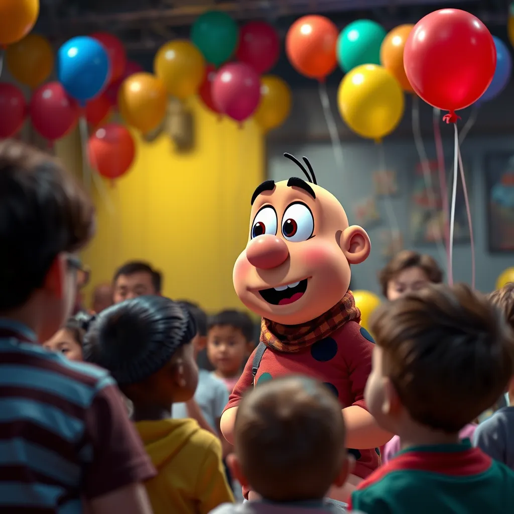 A photorealistic scene of a cartoon character from a classic comic book, with vibrant colors and expressive features, speaking animatedly to an audience of children, surrounded by colorful balloons and a cheerful atmosphere, showcasing the interactive storytelling aspect of Talking Photos AI.