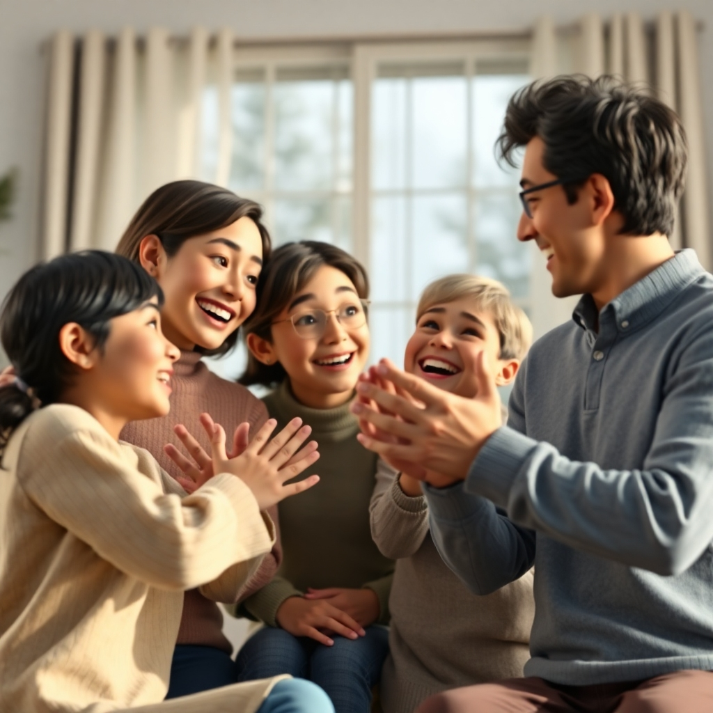 A photorealistic scene of a family photo being transformed into a video. The characters in the photo are animated, showcasing realistic hand movements and facial expressions, smiling and interacting with each other in a lively manner. Soft, natural lighting enhances the warmth of the family setting.