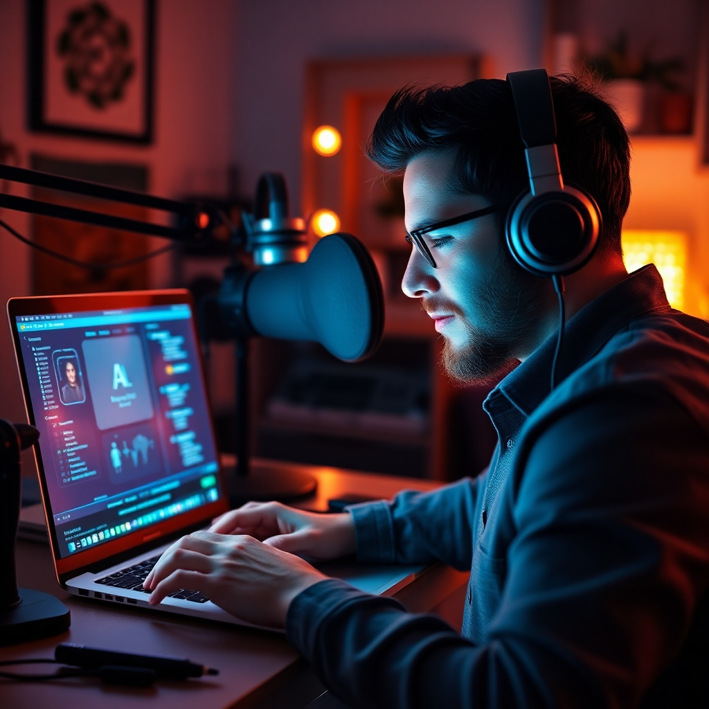 A photorealistic scene of a podcaster using a state-of-the-art AI software interface on their laptop. The image captures the glow of the screen illuminating the podcaster's face as they strategize content. The room is filled with podcasting equipment, including a microphone and headphones, creating a dynamic and professional workspace. The color palette highlights the contrast between the technology and the cozy setting.
