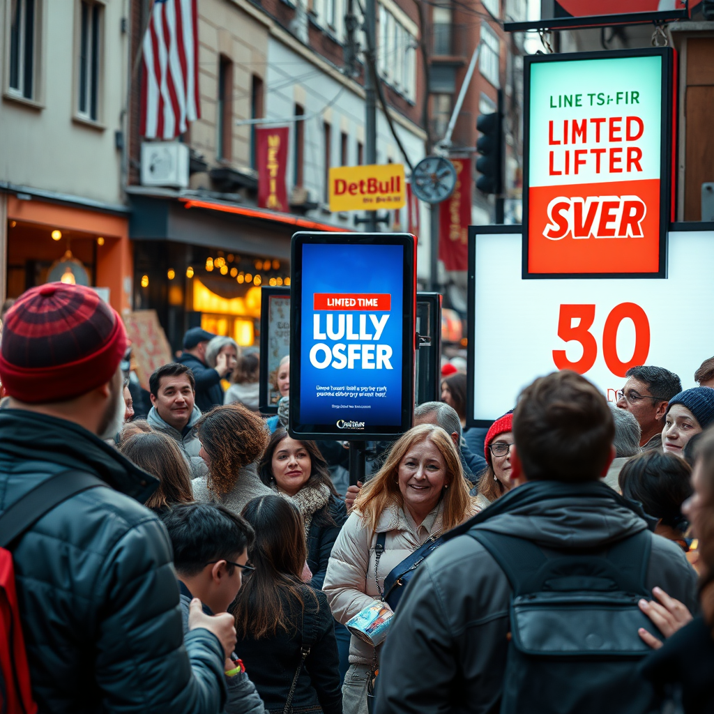 A photorealistic scene of street performers drawing a crowd while a nearby digital screen advertises a limited-time offer. The dynamic environment is bustling, with vibrant colors that reflect enthusiasm and attention. The camera captures the excitement on the audience's faces as they engage with both the performers and the advertisements. Relevant props might include items that reflect seasonal or spontaneous promotions. High detail and realism will be crucial in portraying the lively market.