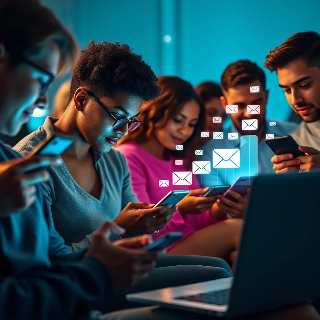 A photorealistic scene showcasing a diverse group of people engaged with their smartphones and laptops, seamlessly connecting to social media platforms. Visual elements include colorful social media icons and a digital representation of email notifications building up on the screen, depicting growth and connectivity.