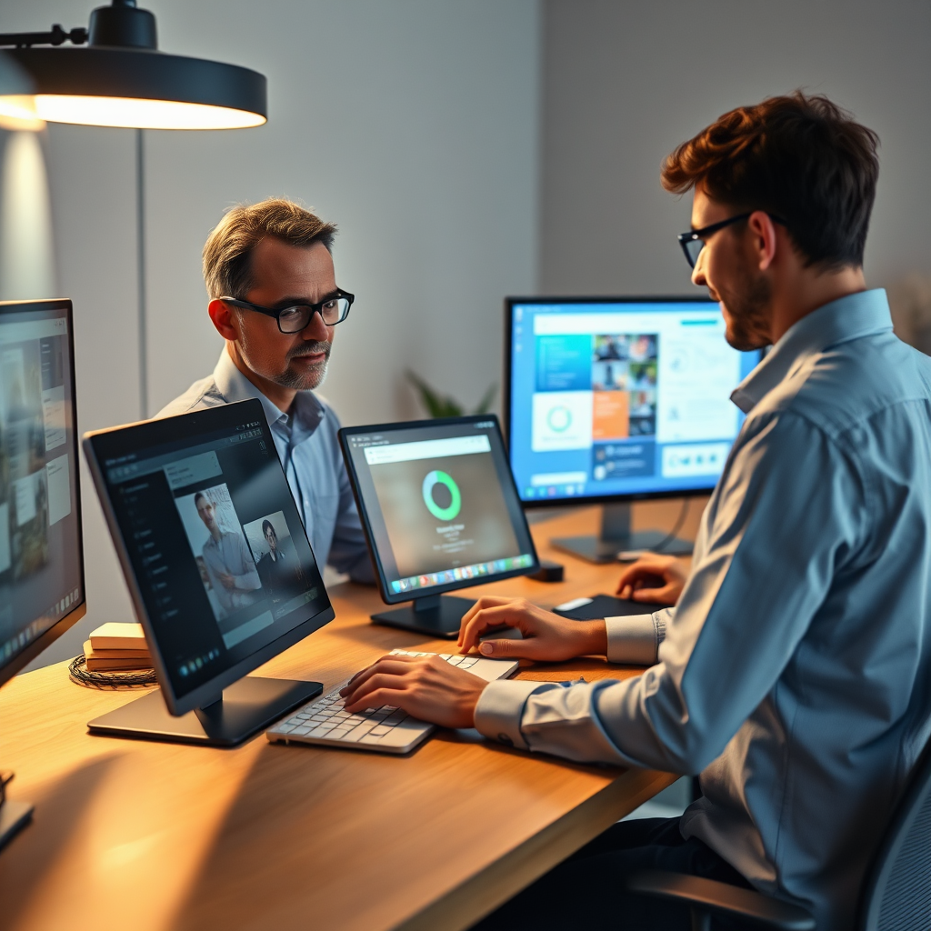 A photorealistic scene showing a professional smoothly integrating various digital tools on a smart desk. Warm, inviting lighting emphasizes their focused expression as they interact with multiple screens displaying user-friendly interfaces. The texture of the desk includes modern materials and organic elements, suggesting ease of use and sophistication. Technical specs: high resolution.