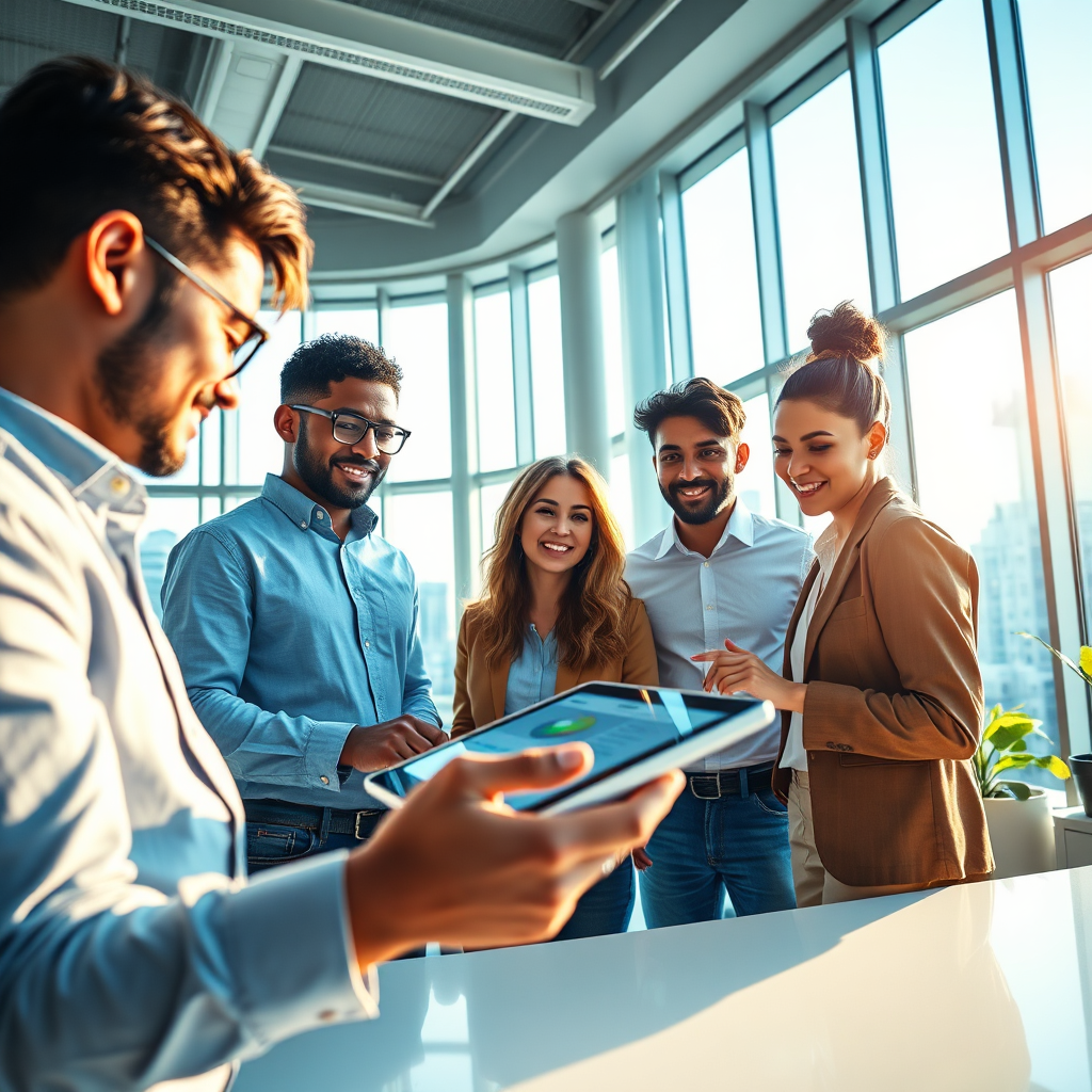 A photorealistic, ultra-high quality header image depicting the essence of 'Empirely APP.' The composition features a diverse group of modern entrepreneurs collaborating around a sleek digital interface in a bright, airy office environment. The lighting is warm and inviting, accentuating the vibrant color palette of blues and greens, symbolizing growth and innovation. A handheld tablet displaying the Empirely Platform can be seen, alongside a backdrop of city skyscrapers through large windows. The camera angle is slightly elevated, providing a dynamic perspective. This hyperrealistic image captures the essence of a productive and collaborative workspace. Style reference: Real-world modern office; Technical specs: 8K resolution, hyperrealistic.