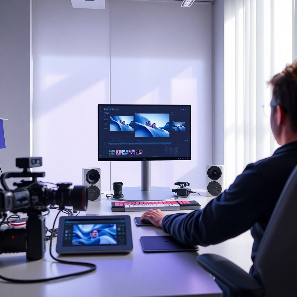 A photorealistic, ultra-high quality header image showcasing the essence of 'Video Express AI.' The composition features a futuristic workspace with a sleek computer displaying dynamic 3D video editing software. Natural lighting floods the room, highlighting a gradient color palette of blues and purples. The camera angle is slightly above eye level, focusing on the screen and the person actively engaged in creating a video. Textures include smooth surfaces and metallic elements, surrounded by props like cameras, graphics tablets, and vibrant storyboards. Style references include modern tech aesthetics. Technical specs: 8K resolution, hyperrealistic.