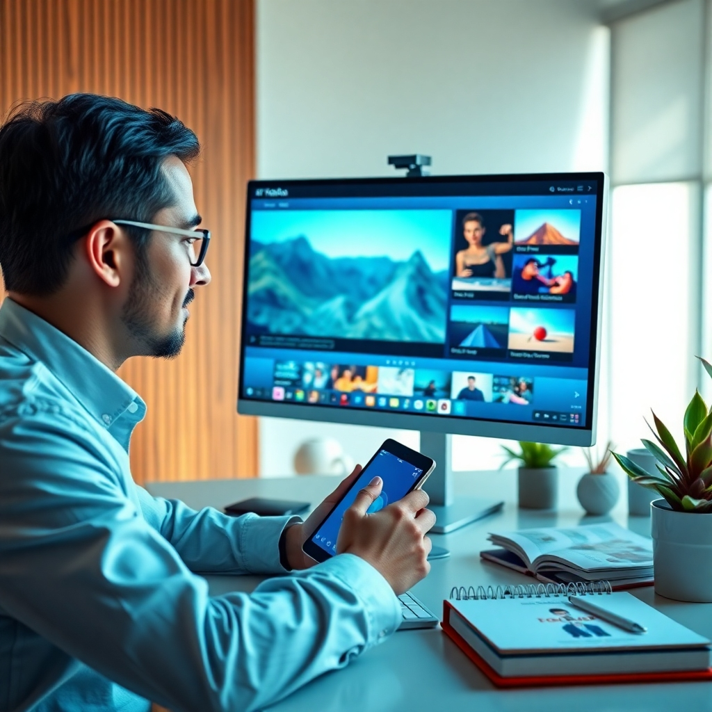 A photorealistic, ultra-high quality header image featuring a sleek modern workspace where a professional is creatively engaged in using RocketVideosAI's software. The composition focuses on the vibrant computer screen displaying stunning AI-generated video elements. Soft, natural lighting illuminates the contemporary office environment, with a color palette of cool blues and whites, alongside warm wooden accents. The angle captures both the user deep in thought and the visuals on the screen with texture details highlighting the UI design. Props such as a digital tablet, design books, and vibrant plants add a creative touch. The image should be hyperrealistic and produced in 8K resolution.