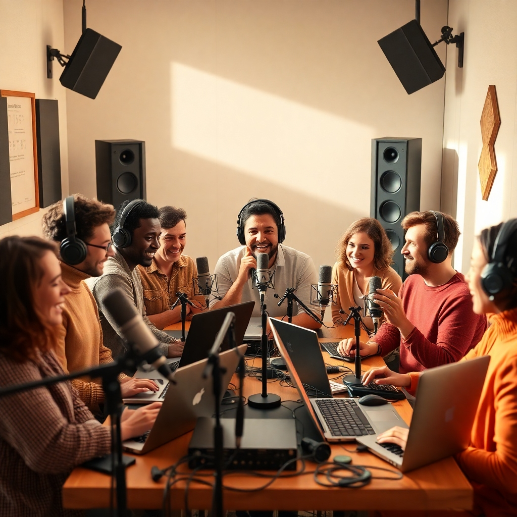A photorealistic, ultra-high quality header image symbolizes 'AI Podcasts'. The composition includes a diverse group of people passionately engaged in podcasting, surrounded by microphones, laptops, and sound equipment in a modern studio. Soft, natural lighting bathes the scene, creating an inviting atmosphere. The color palette features warm tones and vibrant shades to reflect creativity. The camera angle captures both the speakers and the high-tech equipment, emphasizing the synergy of technology and expression. The texture details highlight the sleek surfaces of the devices. The environment is contemporary, with soundproof walls and decorative elements signifying global communication. Style references include a blend of modern and minimalist aesthetics. Technical specs: 8K resolution, hyperrealistic.