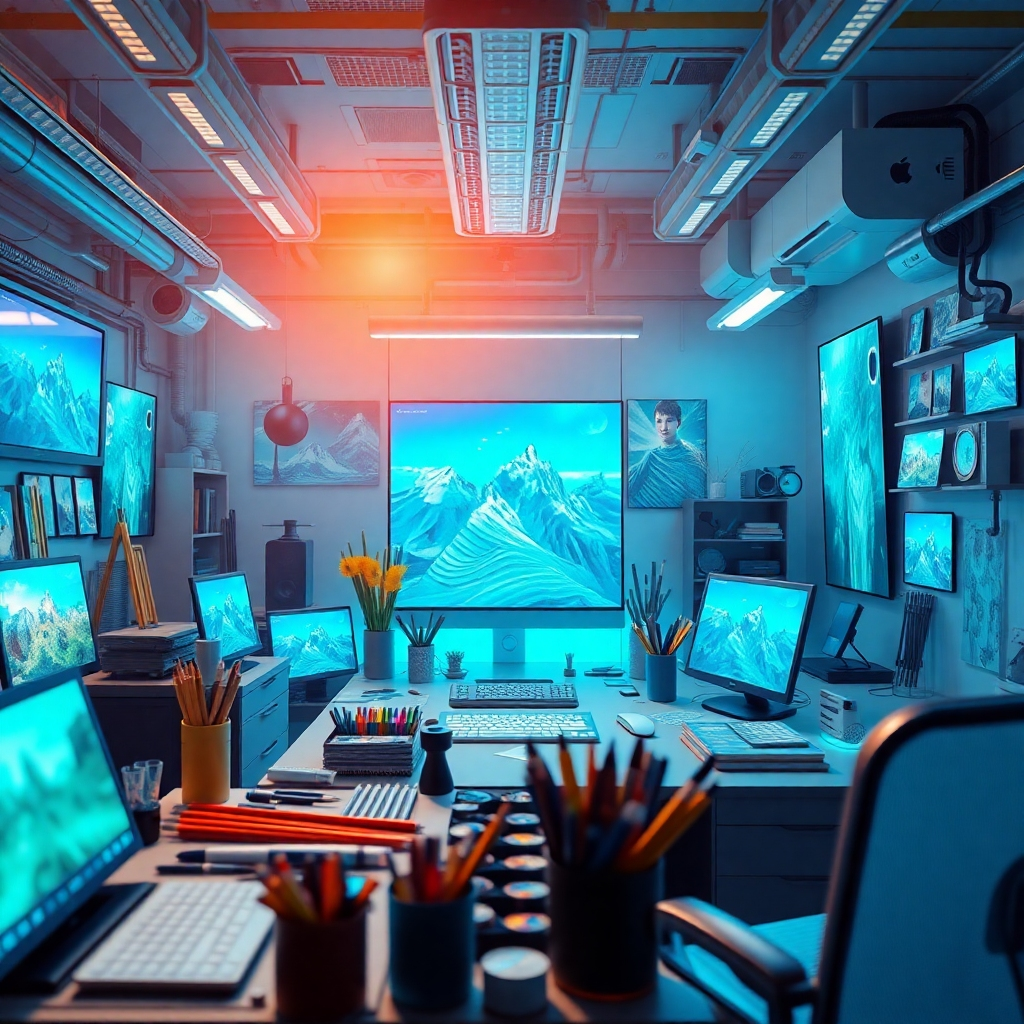 A vibrant image showing the seamless interface of the Artistly Suite as users generate graphics instantly. The background features a creative studio with various design elements in play. Bright colors and engaging designs highlight the ease of use. Each screen display shows different graphic styles, captured in a polished and vivid manner to reflect clarity in service.