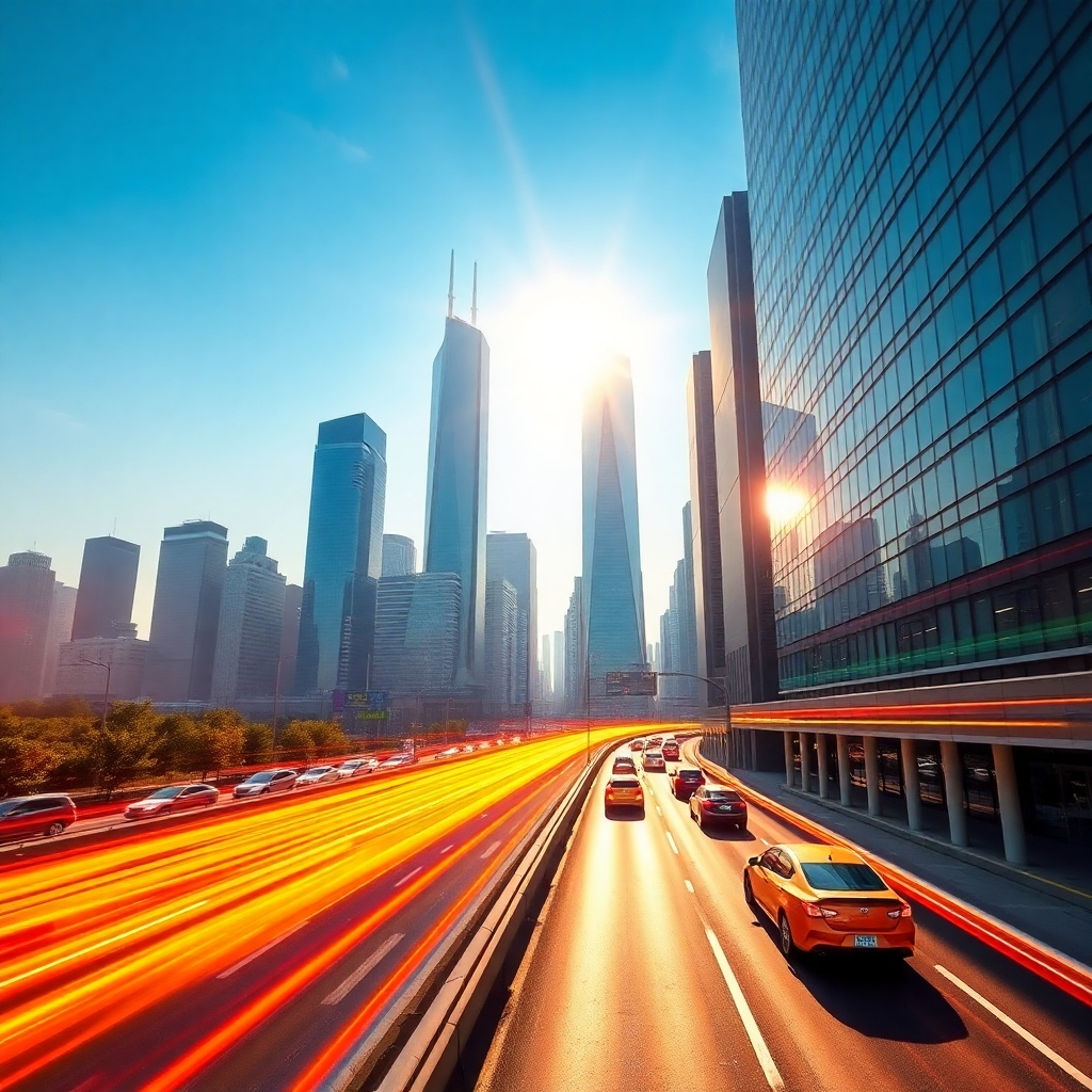 A photorealistic, ultra-high quality image showcasing a futuristic cityscape at dawn, symbolizing traffic freedom. The scene includes vibrant, flowing streams of light representing AI traffic systems, with skyscrapers reflecting the morning sun in a clear blue sky. The camera angle is slightly elevated, capturing the city's breadth and energy. The colors are a blend of blues, oranges, and greens to evoke a sense of innovation and optimism. The texture is sharp, emphasizing the crystal-clear details of buildings and traffic. Style references include contemporary digital art, depicted in 8K resolution for hyperrealistic impact.