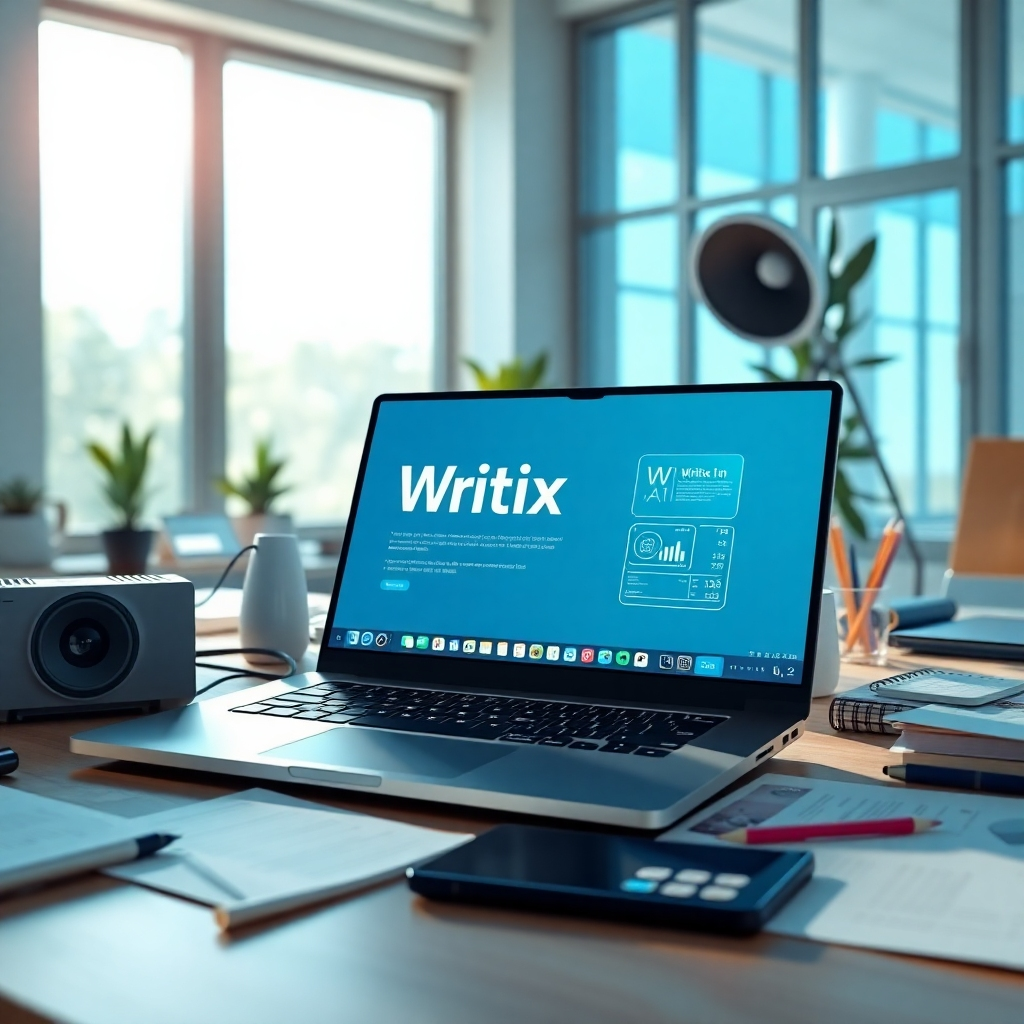 A photorealistic, ultra-high quality header image showcasing an innovative workspace filled with advanced technology. The composition includes a dynamic laptop displaying the Writix AI interface, surrounded by notes and creative materials. Soft, natural lighting filters through large windows, creating a bright and optimistic atmosphere. The color palette features cool blues and warm whites, signifying creativity and technology. The camera angle is slightly above eye level, capturing both the laptop screen and the surrounding workspace. The textures of the desk and devices are sharp and detailed, conveying a hyperrealistic look. The technical specs are in 8K resolution, embodying the spirit of 'Writix AI, AI Content Generator'.
