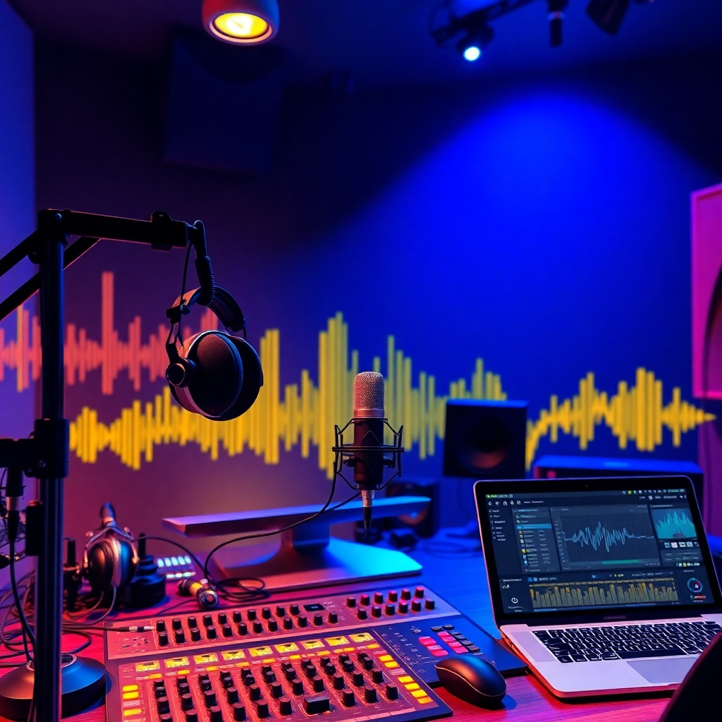 A photorealistic, ultra-high quality header image showcasing the Audgram Platform in action. The composition features a dynamic podcast studio with high-end microphones, headphones, and a vibrant soundboard, surrounded by visual representations of sound waves and audio signals in bright neon colors. The lighting is dramatic, highlighting the textures of the studio equipment with a sleek, modern aesthetic. The color palette includes deep blues, bright yellows, and soft greys, lending an energetic yet professional vibe. The camera angle is slightly elevated, giving an overview of the bustling studio environment. Props like laptop screens displaying audio editing software enrich the scene. The style references a mix of modern tech photography and vibrant digital art. To ensure hyperrealism, the image is designed in 8K resolution, focusing on intricate details.
