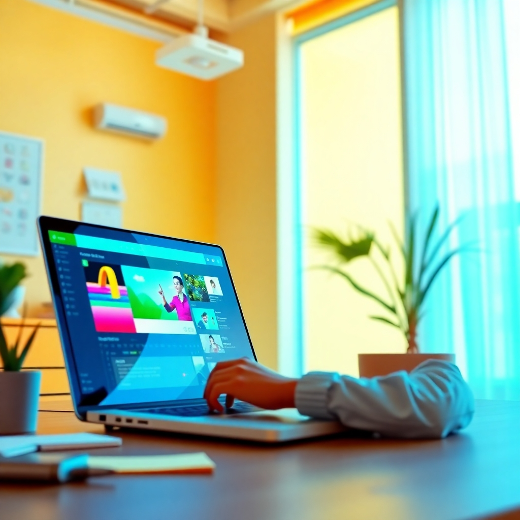 A photorealistic, ultra-high quality header image showcasing the essence of QuickVSL. The composition features a vibrant, modern workspace with a laptop displaying a dynamic video editing interface. Bright, natural light floods the room, highlighting the colorful graphics on the screen. A stylized, professional individual is seen brainstorming with notes scattered around, symbolizing creativity. The color palette is warm and inviting, containing blues and greens for a fresh feel. The camera angle captures the scene from a slight elevation, creating a sense of immersion. High texture details in the workspace enhance realism, making it a hyperrealistic image at 8K resolution.