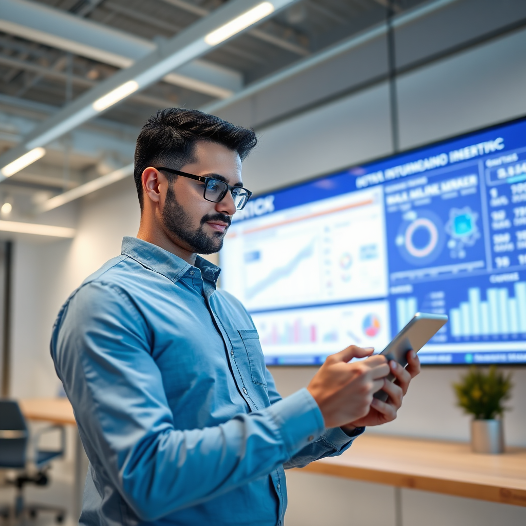 A photorealistic visual depicting an entrepreneur using a digital tablet while standing in front of a large, interactive screen displaying analytics and metrics. The lighting is bright and modern, characterized by a sleek, contemporary office environment. The palette includes shades of blue and white, reflecting professionalism and innovation. The camera angle focuses on the entrepreneur's engaged expression, emphasizing motivation. Style reference: Modern tech workspace.