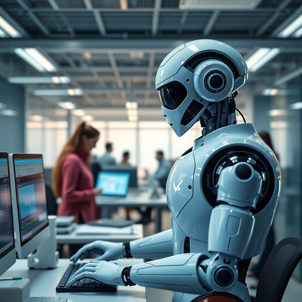A photorealistic visualization of an automated office environment, showing a robot managing various tasks like scheduling and data entry. The atmosphere should highlight an efficient workflow, with engaged employees collaborating in the background, symbolizing harmony between AI and human efforts.