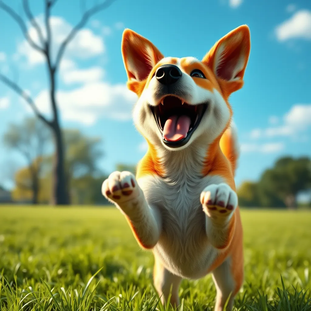 A playful dog in the park, animated to bark joyfully and wag its tail. The scene should showcase the dog's excitement with lively movements, bright blue sky, green grass, and a playful demeanor that reflects its happy personality.