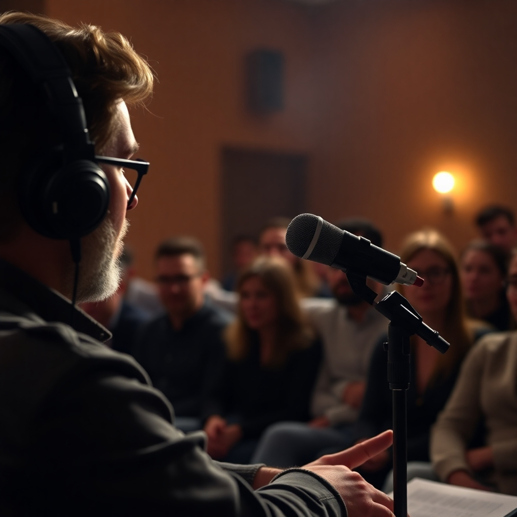 A poignant image of a podcaster delivering heartfelt messages to an audience with emotional resonance. The setting is intimate, with focused lighting that draws attention to the speaker. The background includes audience members engaged and inspired by the broadcast. Technical specs: 4K resolution, high quality.