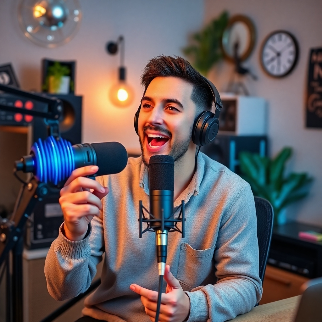 A powerful image featuring a confident podcaster in a home studio, speaking passionately into a microphone with dynamic sound waves visible around them. The atmosphere is focused yet inspiring, with soft lighting and a contemporary design aesthetic. Elements such as awards and accolades hint at success. Technical specs: 4K resolution, high quality.