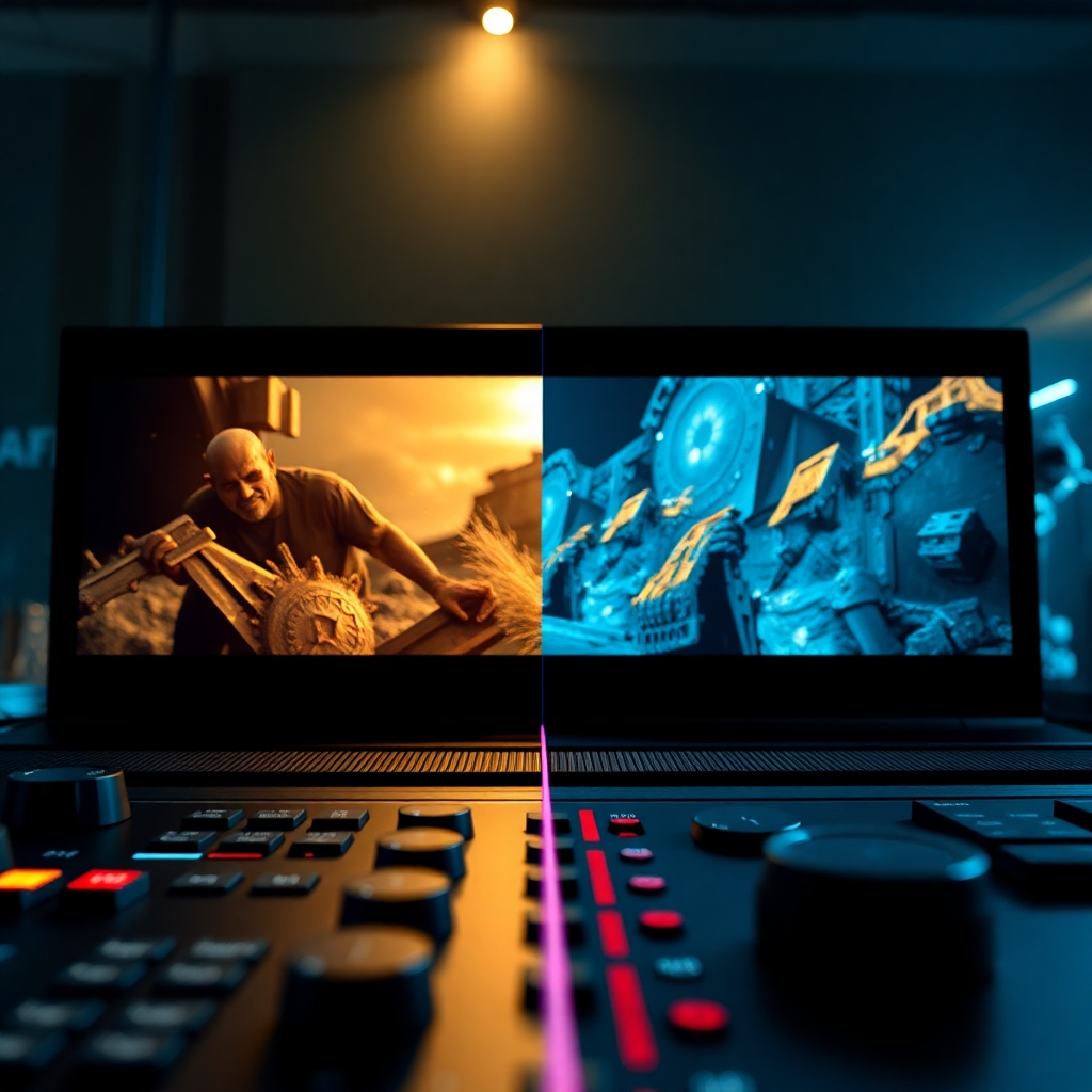 A powerful visualization of the editing process, where controls like timeline scrubbing and special effects are showcased in action. The background is a split-screen of breathtaking frame comparisons, showing before-and-after effects. Crisp, focused lighting aids in highlighting the details, and vibrant colors of blue, gold, and silver add a cinematic feel. This image executes hyperrealistic precision showcasing the proficiency of our tool.