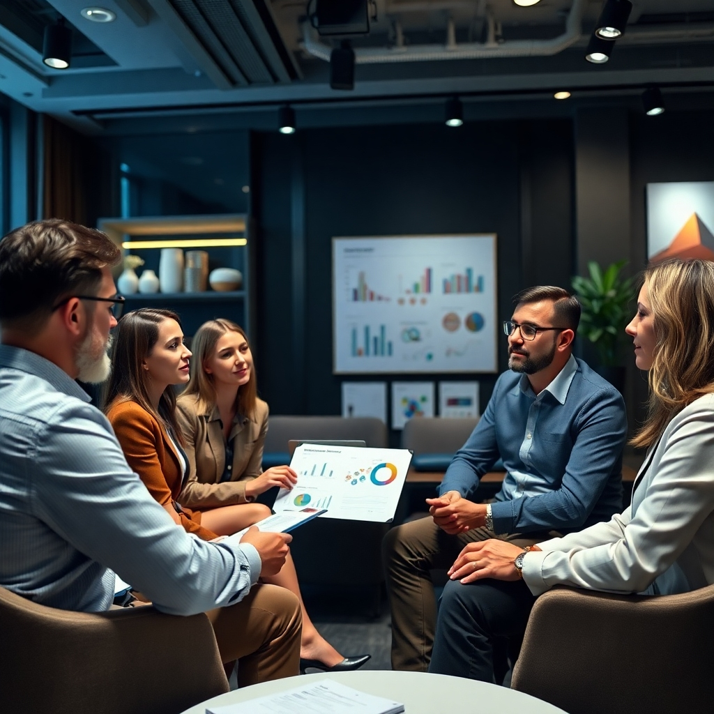 A professional consultation setting where experts are discussing visual marketing strategies. The ambiance is sophisticated with modern decor, and the composition includes charts and visuals enhancing the conversation. Lighting is soft yet focused, representing professionalism. Camera angles capture attentive faces, emphasizing a collaborative environment. Technical specs: 4K resolution.