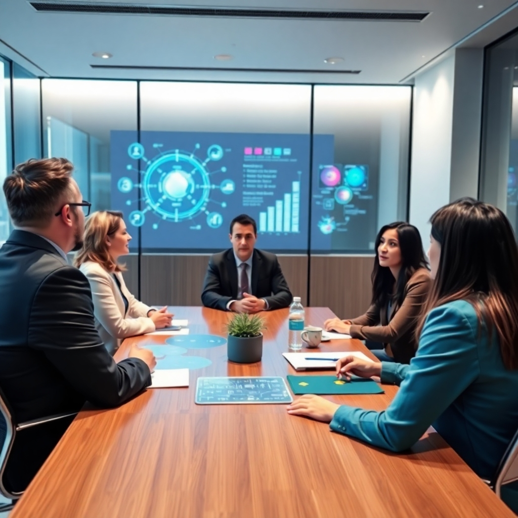 A professional consulting session depicted in a sophisticated meeting room. The image should show a diverse team in discussion, with digital tools and AI insights projecting in the background. Bright lighting creates a focused atmosphere. Use colorful details to represent interactive elements. Technical specifications: sharp, high quality.