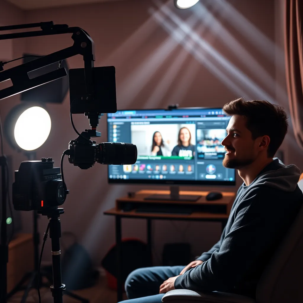 A professional-looking home studio setup featuring a high-quality camera and microphone, with a computer screen displaying a Livecaster interface, beams of light illuminating the space, and a content creator appearing relaxed and confident while preparing to go live.
