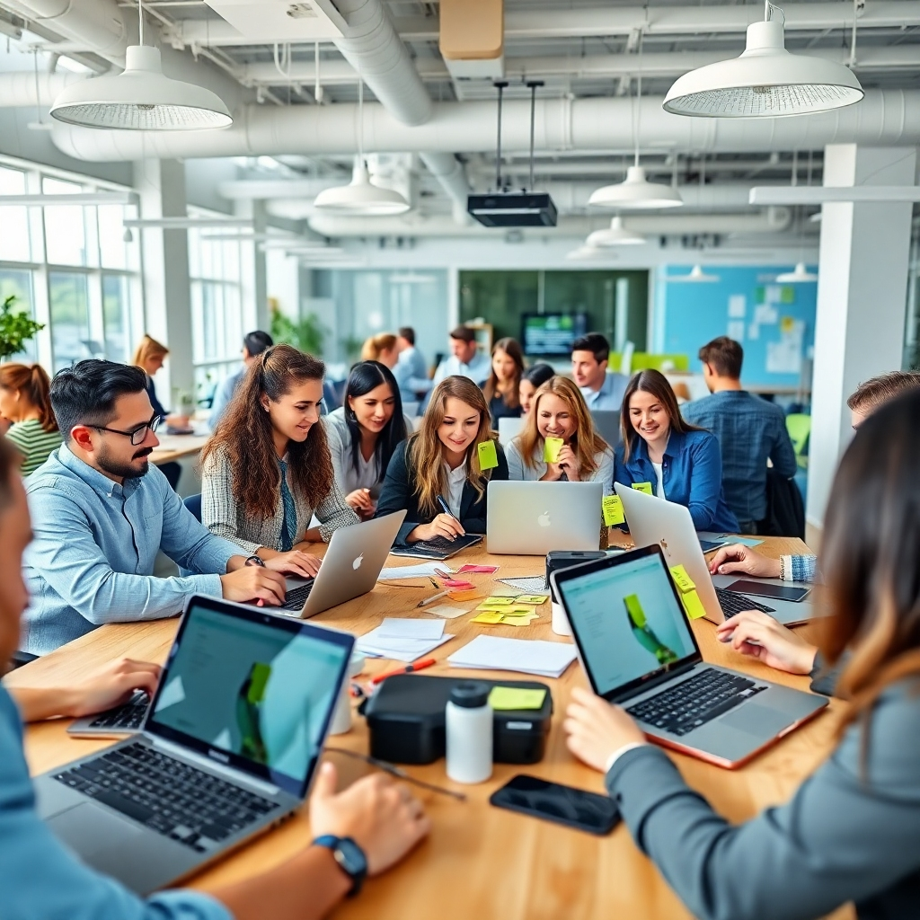 A professional office setting teeming with activity as a team collaborates on content creation using Writix AI. The space is bright and open, filled with enthusiastic team members using laptops and sticky notes. Natural lighting enhances the active atmosphere, and the color scheme is lively with blues and greens. The camera angle captures the bustling creativity, focusing on team interactions with visible technology around.