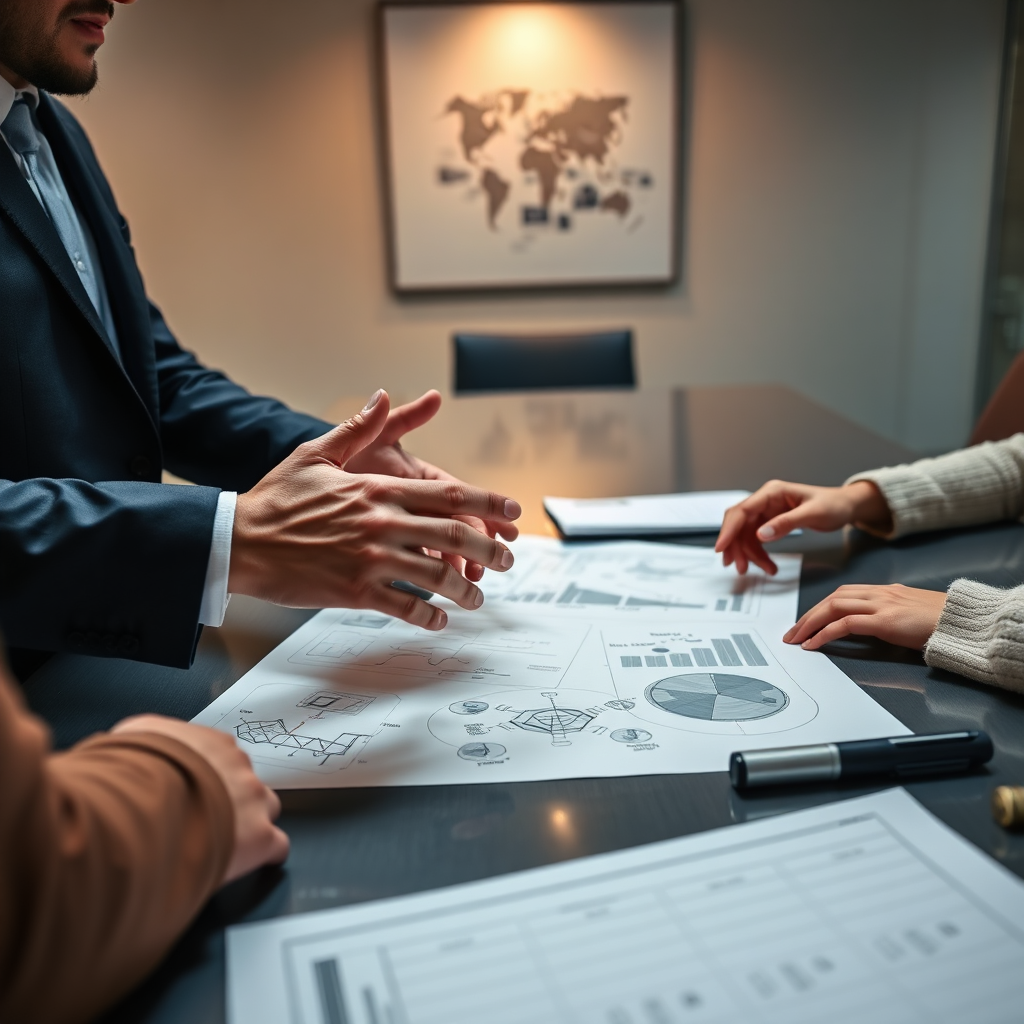 A professional setting showcasing a consultant engaging with clients over blueprints and AI diagrams on a sleek conference table. Warm lighting adds a collaborative feel to the atmosphere, while a sophisticated palette of blues and neutrals communicates professionalism. The image should focus on hands gesturing towards the strategy documents, crafted with intricate detail in high quality.