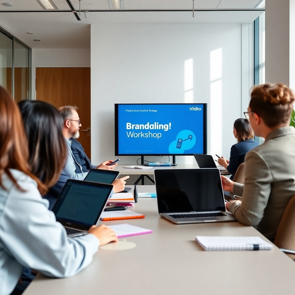 A professional setting that highlights a branding workshop with clients engaging with a Vidko presentation. The ambiance is bright and professional, utilizing natural light that promotes an inspirational atmosphere. The color palette showcases professional tones of blue and gray with accents of choice reflecting innovation. Props like laptops and notepads convey a sense of action and participation in creative strategy. The textures are refined, emphasizing a corporate environment.