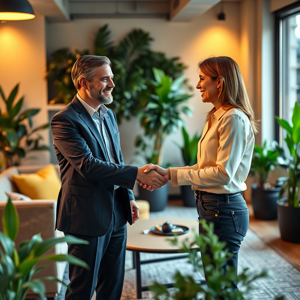 A professional yet inviting image showing a business consultant engaging in a one-on-one conversation with a client in an office space filled with greenery and modern furnishings. Overhead warm lighting creates an intimate setting. The color palette includes soft yellows and cool greens to inspire trust and comfort. The focus should be on their handshakes and genuine smiles, highlighting the connection, aiming for crisp clarity in 8K.