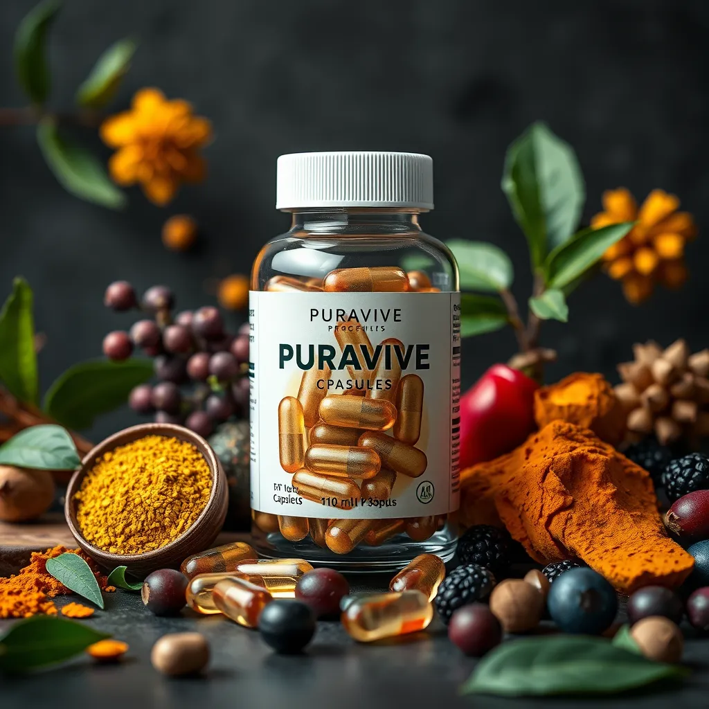 A realistic representation of Puravive capsules with a transparent bottle showing the capsules inside. Surrounding the bottle, various natural ingredients like green tea extract, turmeric, and berries should be depicted, highlighting the product's unique formulation.