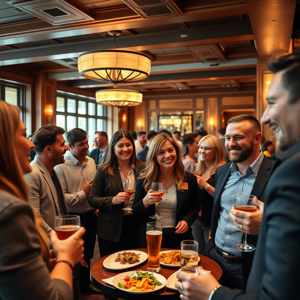 A relaxed networking event capturing groups of entrepreneurs engaging over food and drinks in an upscale venue, with smiles and laughter. The ambiance is warm and inviting, enhanced by soft lighting. The camera angle should show a wide perspective to capture the feel of community and connection. Style reference: Networking event.