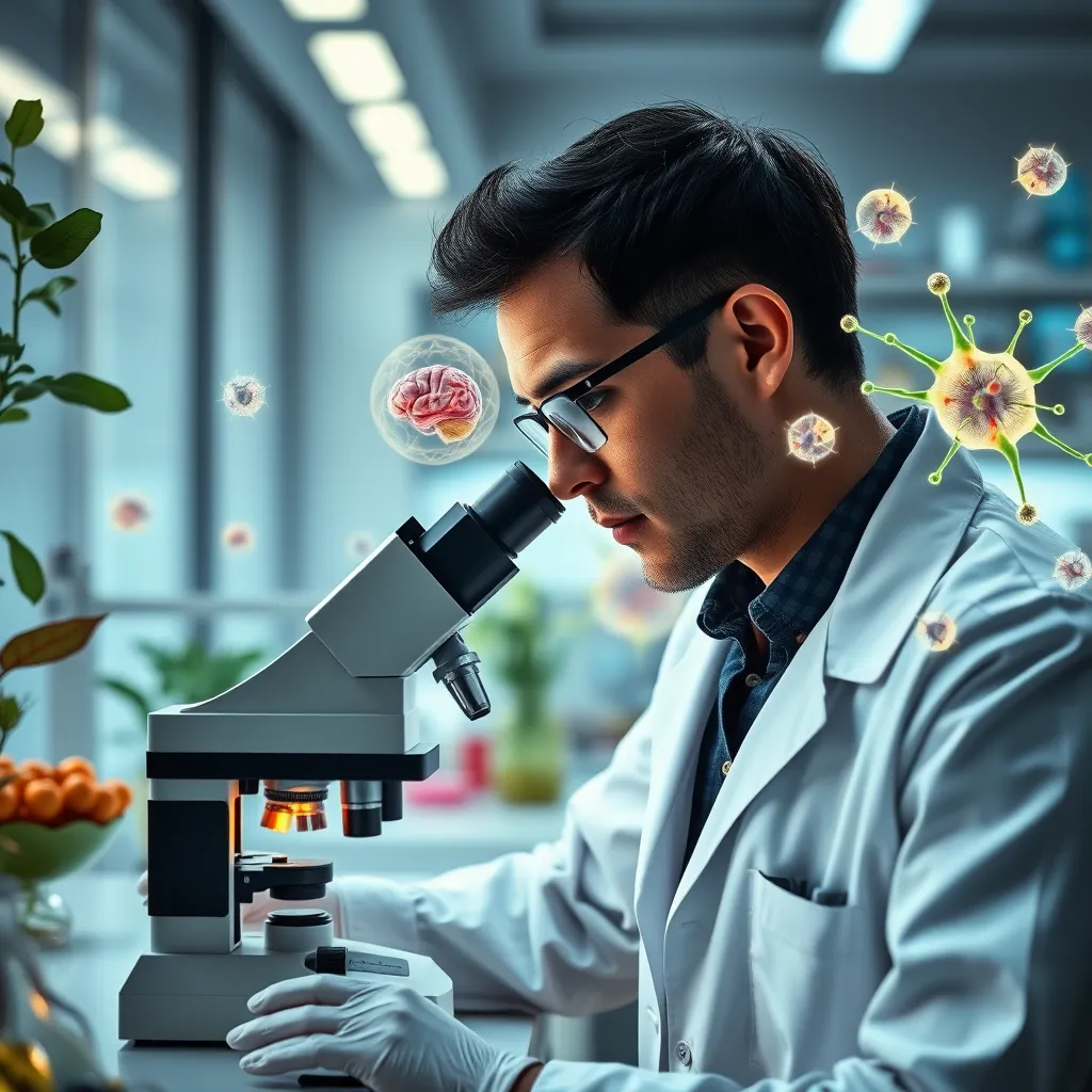 A serene, photorealistic laboratory scene showing a scientist in a white coat examining brain cells under a microscope. Surrounding the lab are vibrant botanical elements symbolizing neurogenesis, with glowing neurons illustrated around them, signifying brain rejuvenation.