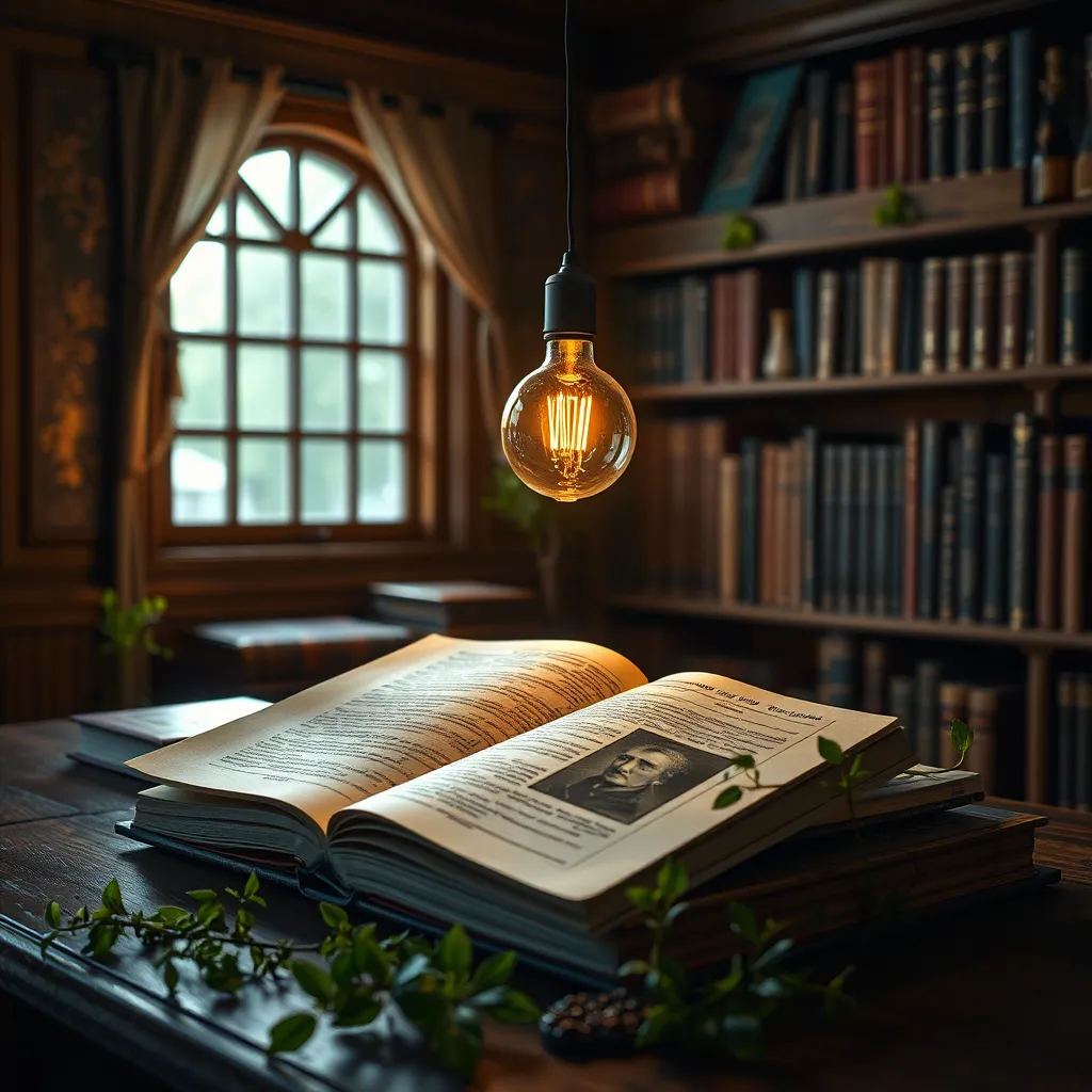 A serene and peaceful scene inside a cozy study room with a scholarly atmosphere, featuring a beautiful, open book, a glowing light bulb symbolizing bright ideas, and natural herbs around the book, representing the tonic's natural ingredients.
